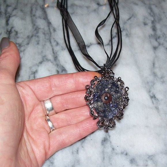 Iolite Stone Crystal Eye Pendant Ribbon Necklace - Picture 2 of 3